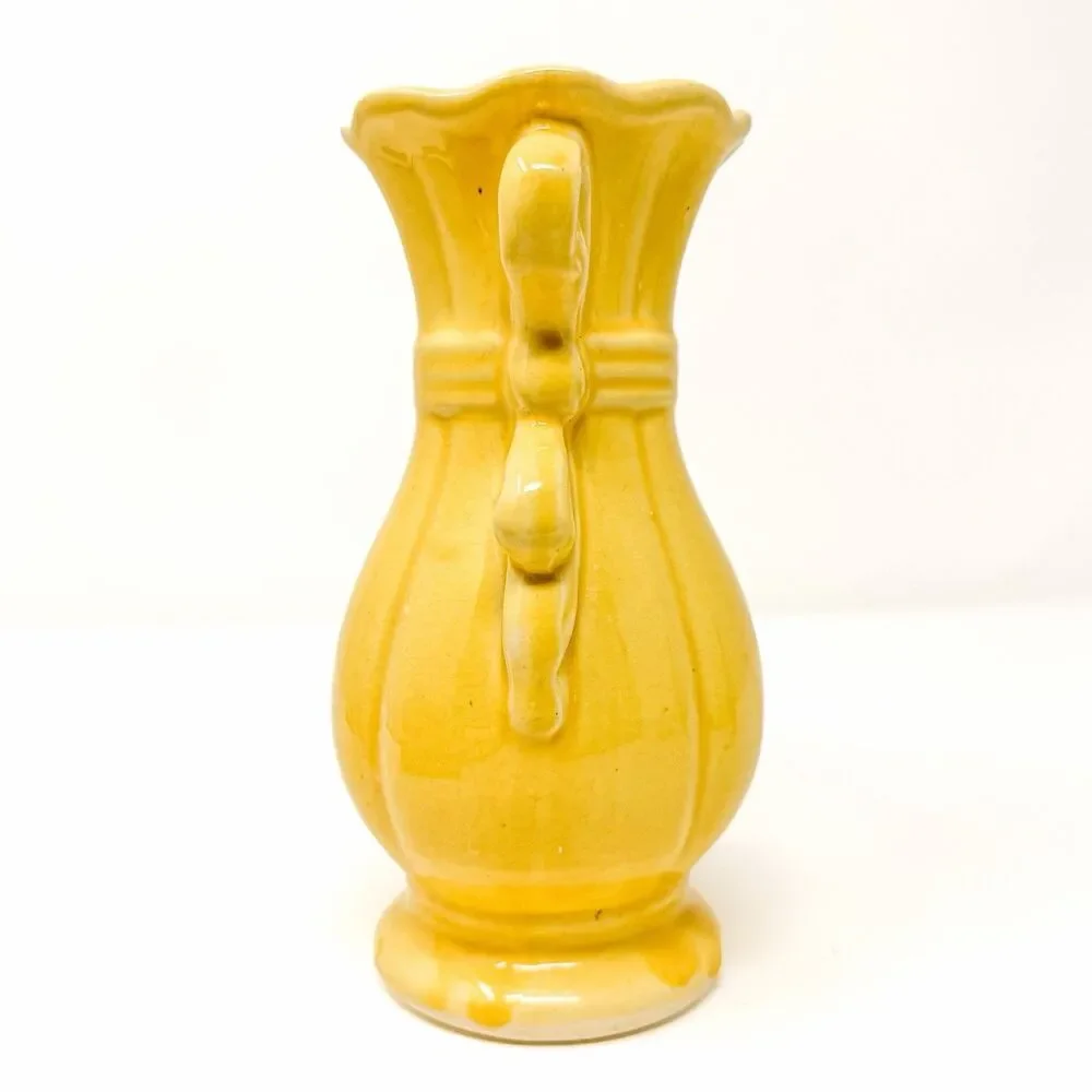 Vintage Brush McCoy 705 Yellow Ribbon Bow Vase 7” Art Pottery Cottagecore